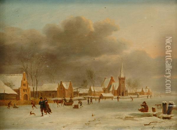 Winter Landscape, Figures On A Frozen River Before A Town Oil Painting - Andreas Schelfhout