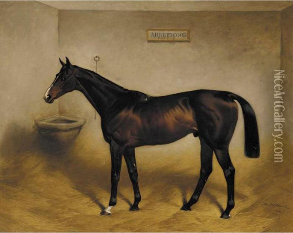 The Racehorse Abbeywood In A Stable Oil Painting - Basil Nightingale