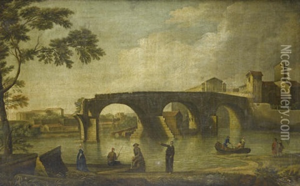 Elegant Figures On A Shore Before The Ponte Rotto On The Tiber Oil Painting - Giovanni Battista Cimaroli