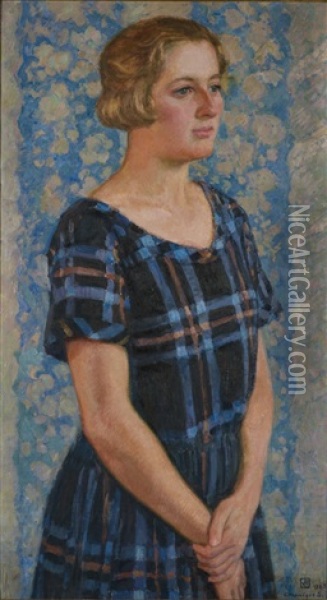 Portrait De Monique Schlumberger En Bleu Oil Painting - Theo van Rysselberghe