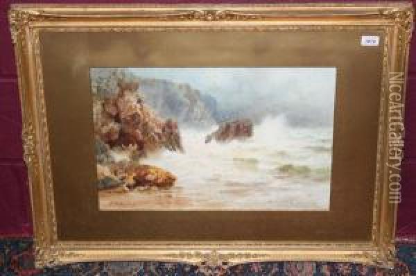 Cornish Coastal Scenes With Sea Breaking Upon The Shore Oil Painting - Henry B. Wimbush
