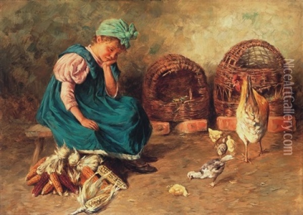 Kislany Csibekkel - Girl With Chicks Oil Painting - Geza Peske