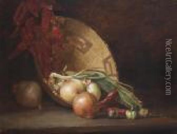 Still Life With Onions, Peppers And Basket Oil Painting - Guy Rose