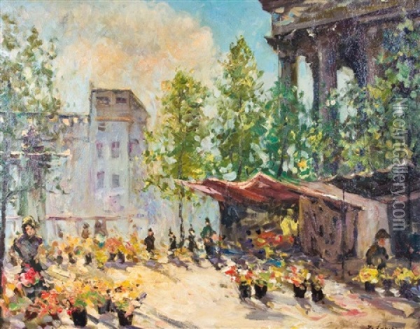Blumenmarkt Auf Dem Pariser Place De La Madeleine Oil Painting - Georgi Alexandrovich Lapchine