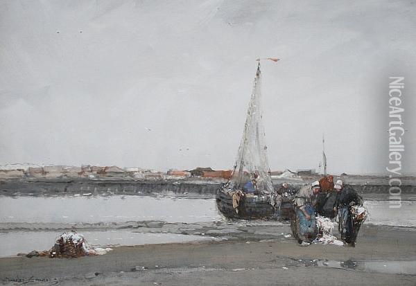 Unloading The Catch At Low Tide Oil Painting - Dudley Hardy