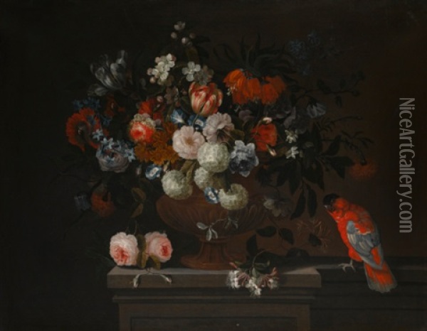 Still Life Of Flowers With Roses, Tulips And Hydrangeas In A Bronze Urn On A Stone Pedestal, Together With A Parrot Oil Painting - Simon Hardime
