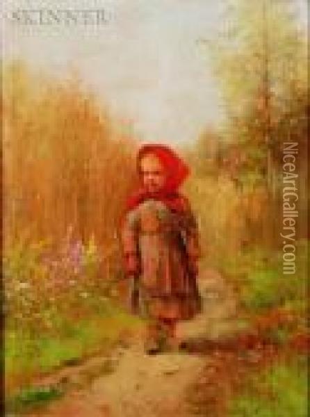 Young Girl On A Country Path Oil Painting - Severin Nilson