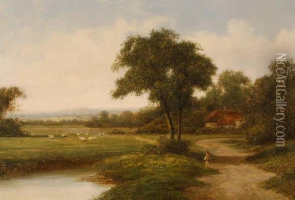 Sheep And Young Boy In Extensive Rural Landscape Oil Painting - Walter Williams