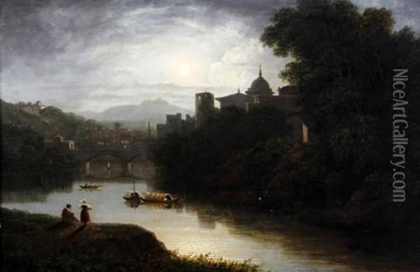 Italianate Moonlit River Landscape, Thought To Be The River Tiber, Rome Oil Painting - Thomas Christopher Hofland