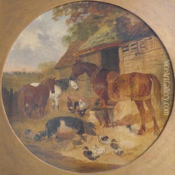 Horses, Pigs, Ducks And Poultry In A Farmyard Oil Painting - John Frederick Herring Snr