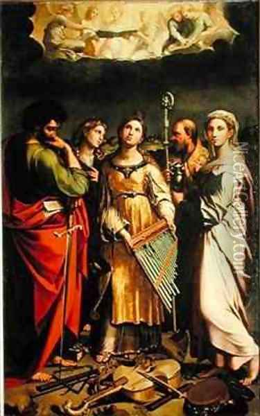 St. Cecilia surrounded by St. Paul, St. John the Evangelist, St. Augustine and Mary Magdalene Oil Painting - Denys Calvaert