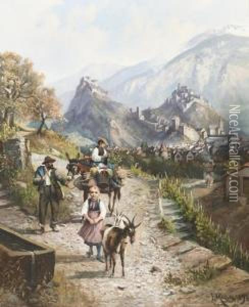 Walliser Familie Auf Dem Weg Nach Sion. Oil Painting - Franz Adolf C. Muller