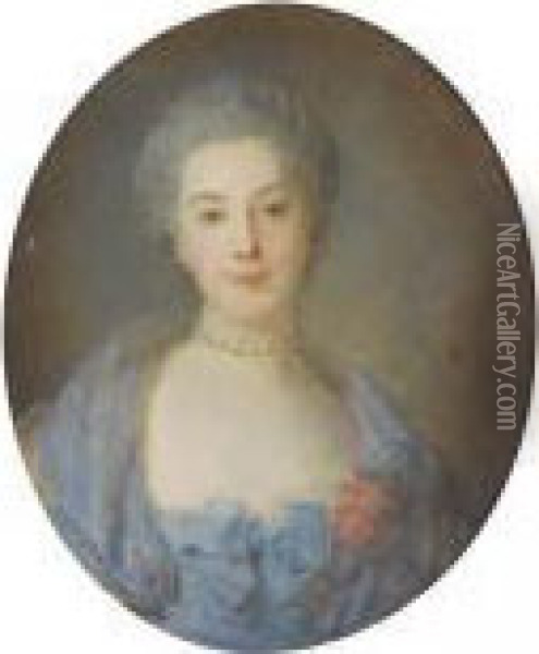 Portrait De Jeune Femme A La Robe Bleue Oil Painting - Jean-Baptiste Perronneau