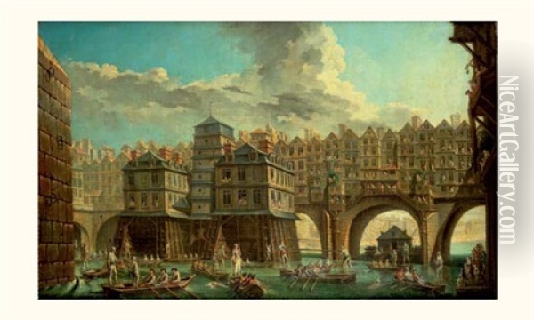 La Joute Des Mariniers Entre Le Pont Notre-dame Et Le Pont Au Change Oil Painting - Jean Baptiste Nicolas Raguenet