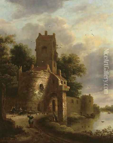 A river landscape with peasants and travellers on a path before a fortified tower Oil Painting - Roelof van Vries