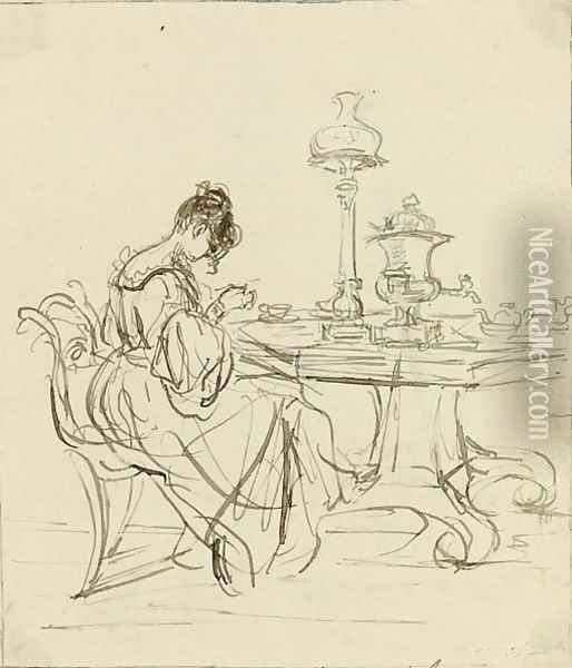 Study of a lady seated at a tea-table Oil Painting - Sir Francis Grant