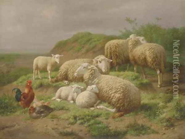 Sheep and Roosters in a Pasture Oil Painting - Theo van Sluys