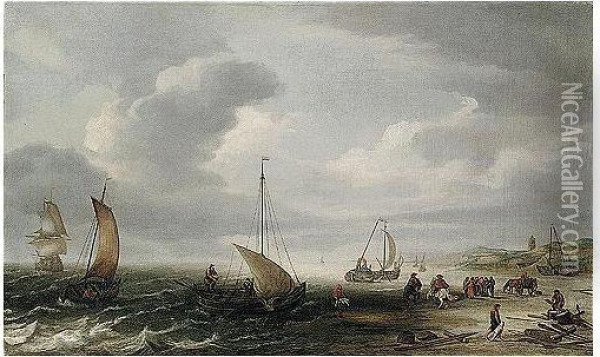 The Beech At Egmond An Zee With Fishermen Unloading Their Catch Oil Painting - Hans Goderis