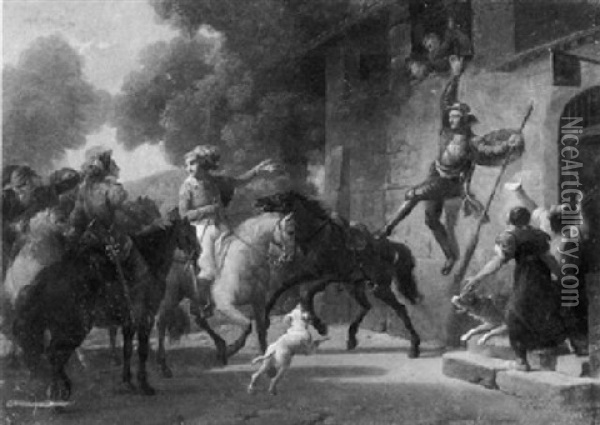 Don Quichote Attache A Une Fenetre Par La Malice De         Maritoine Oil Painting - Jean-Frederic Schall