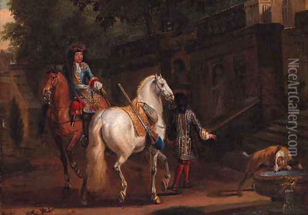 Elegant horsemen by a fountain Oil Painting - Adam Frans van der Meulen