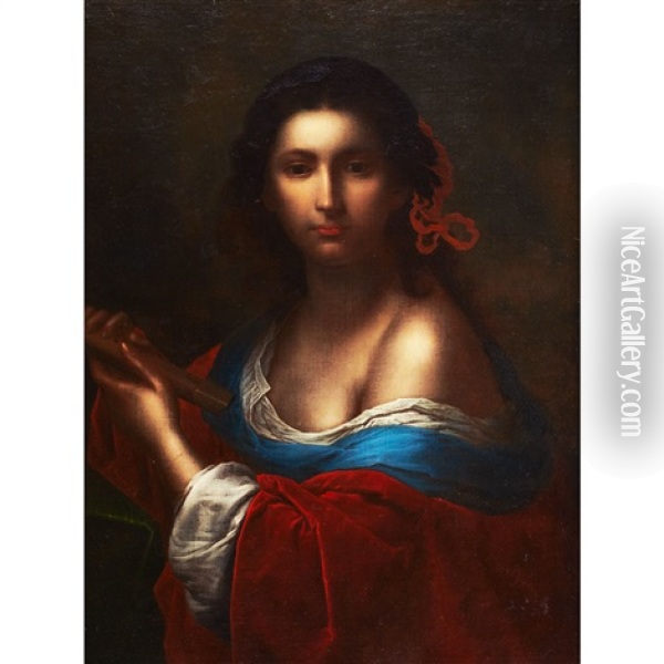 Music (a Personification Of Music Holding A Cylindrical Recorder) Oil Painting - Giovanni Martinelli