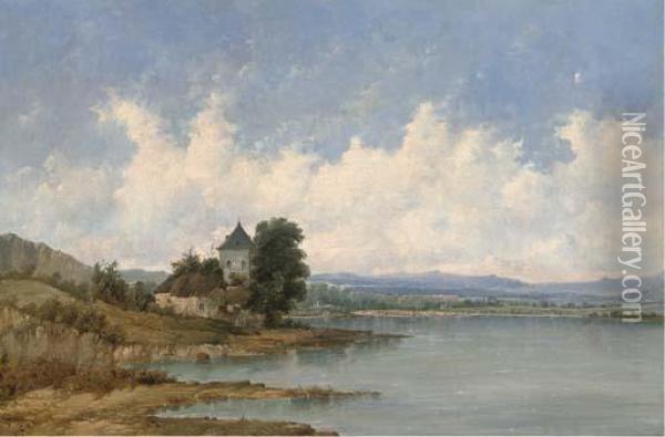 A Tower Beside A River Oil Painting - A.H. Vickers