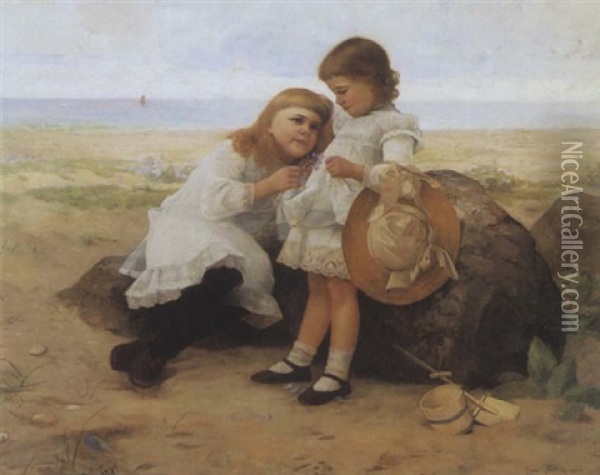 Little Girls At The Seashore, Pont-aven Oil Painting - Frank C. Penfold