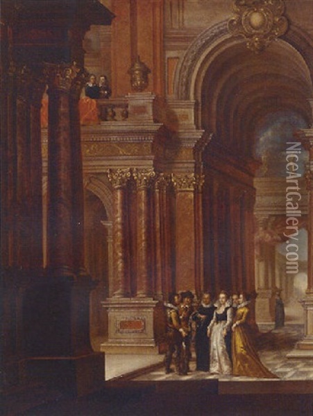 Elegant Figures In A Vaulted Building Oil Painting - Dirck Van Delen
