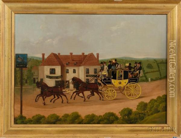 Landscape With Coach, Horses, Travelers, And Inn. Oil Painting - John Cordrey