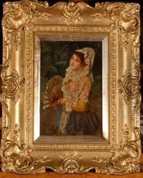 Portrait Of A Young Woman Holding Oil Painting - John Phillips