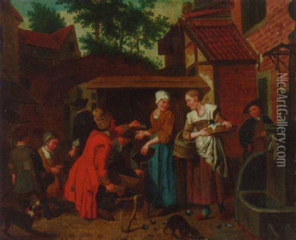 Townsfolk Buying Mussels In A Courtyard Oil Painting - Jan Josef Horemans the Elder