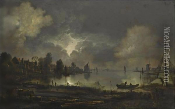 View Of A Lakeside Town By Moonlight, With An Eel Trap In The Foreground Oil Painting - Aert van der Neer