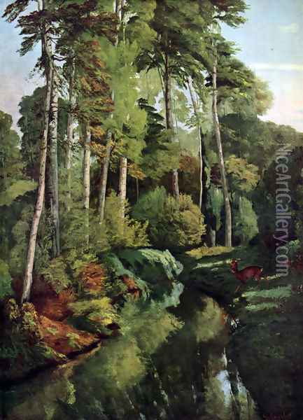 Waldbach with deer Oil Painting - Gustave Courbet