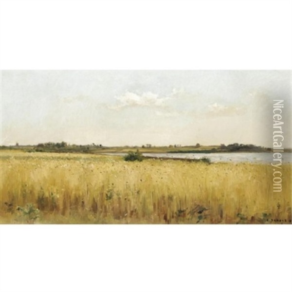 River Landscape With Cornfield Oil Painting - Pierre Emmanuel Eugene Damoye