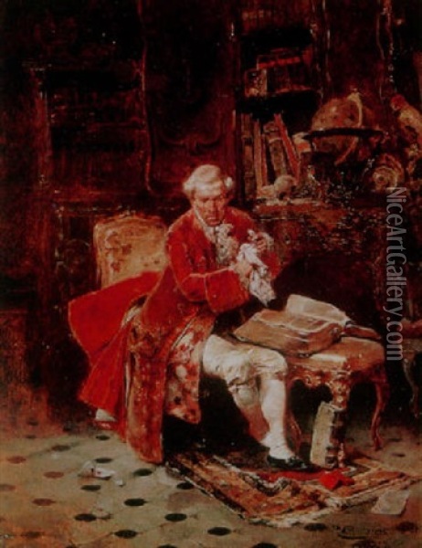 A Gentleman Resting In His Study With A Book Oil Painting - Raphael von Ambros