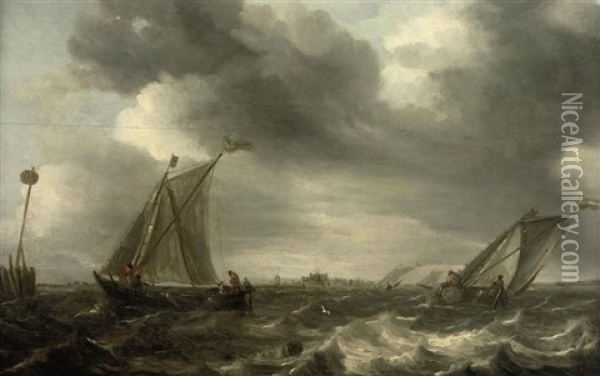 Shipping In Choppy Waters, A Town In The Distance Oil Painting - Abraham van Beyeren
