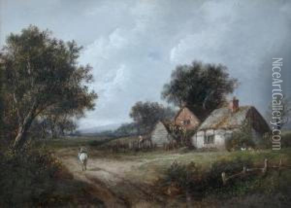 A Walker On A Track Passing A Cottage With Chickens Oil Painting - Joseph Thors