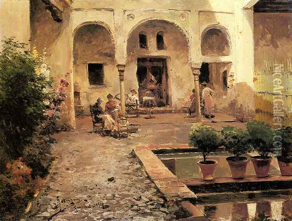 Figures in a Spanish Courtyard Oil Painting - Manuel Garcia y Rodriguez