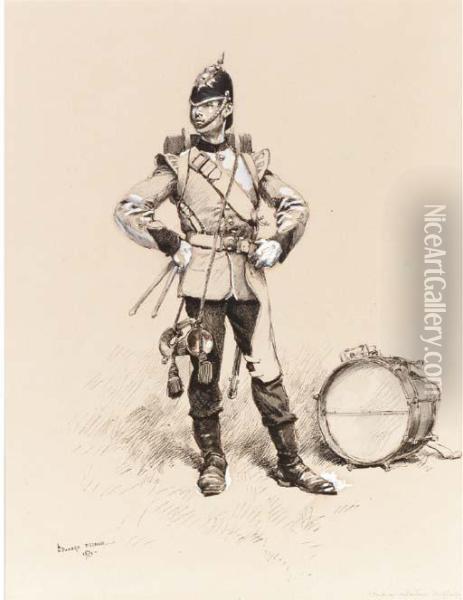 Tambour, Infanterie Anglaise; An
 Infantry Soldier With Wide-topped Shako And Fixed Bayonet; And 
Mousquetaire Oil Painting - Jean Baptiste Edouard Detaille