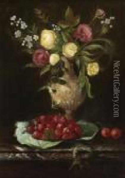 Blumenstillleben Mit Erdbeeren Und Kirschen. Oil Painting - Jules Felix Ragot
