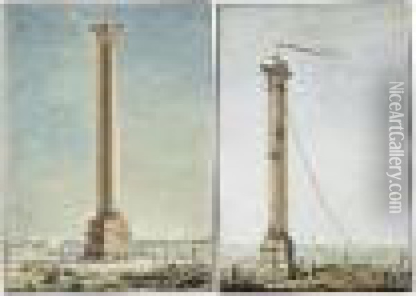 A Pair Of Drawings Of Columns: 
A) Pompey's Column At Alexandria With A Kiteflier; B) A Column By The 
Sea With The French Flag Flying Oil Painting - Louis Francois Cassas