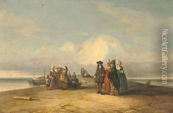 An elegant company at the seaside Oil Painting - Jacques Van Gingelen