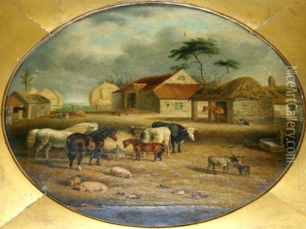 A Farmyard Scene With Horses, Cattle, Pigs, Poultry And A Dog Oil Painting - Charles Towne