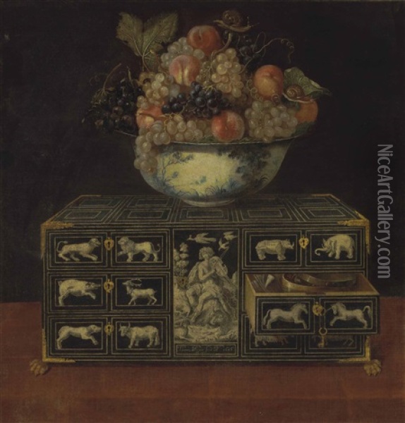 Grapes, Peaches And A Snail In A Chinese Porcelain Bowl Atop A Gilt And Inlaid Cabinet Oil Painting - Tomas Yepes