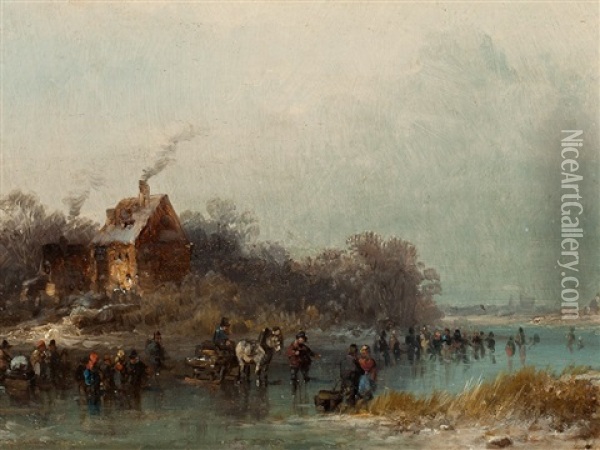 On A Frozen River Oil Painting - Anton Doll