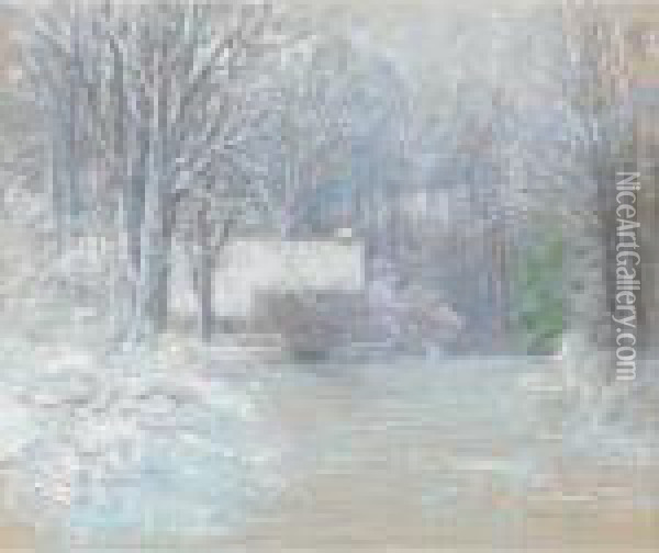 House In The Woods, Winter Oil Painting - John Appleton Brown