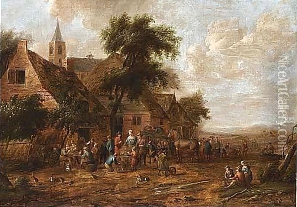 A Village Scene With Figures Smoking And Drinking Outside An Inn Oil Painting - Thomas Heeremans