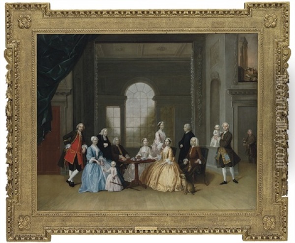 Group Portrait Of John Offley Crewe And His Family, Taking Tea Around A Tripod Table In An Interior Oil Painting - Arthur Devis