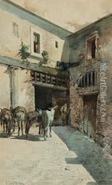 A La Puerta Del Establo. Oil Painting - Baldomero Galofre Y Gimenez