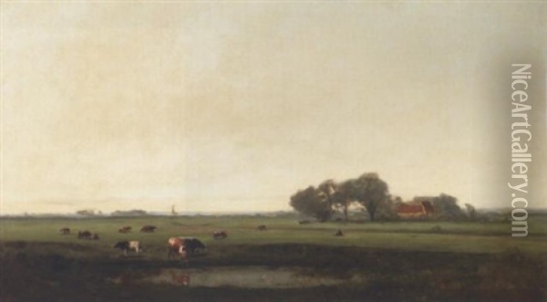 Cows Watering At A Pond In An Extensive Landscape Oil Painting - Carl Von Perbandt